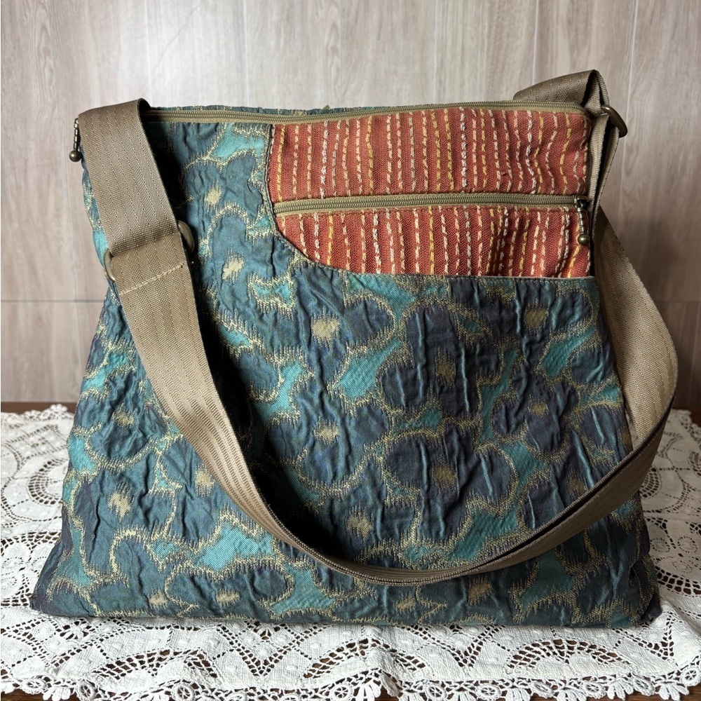 Maruca Handmade Fabric Crossbody Bag Teal Orange and Tan Adjustable Strap